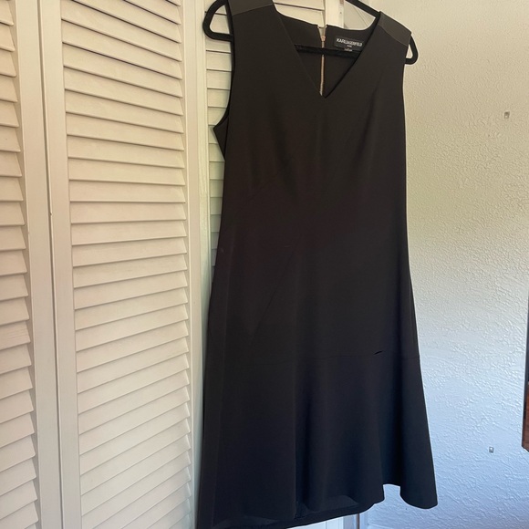 Karl Lagerfeld Paris Black V-Neck Midi Dress Size 12 drop waist flare skirt - Picture 1 of 11